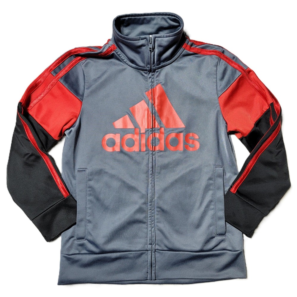 Adidas Boys 5T Track Jacket Gray Red‎ Zip Up Big Logo Size 5 Kids